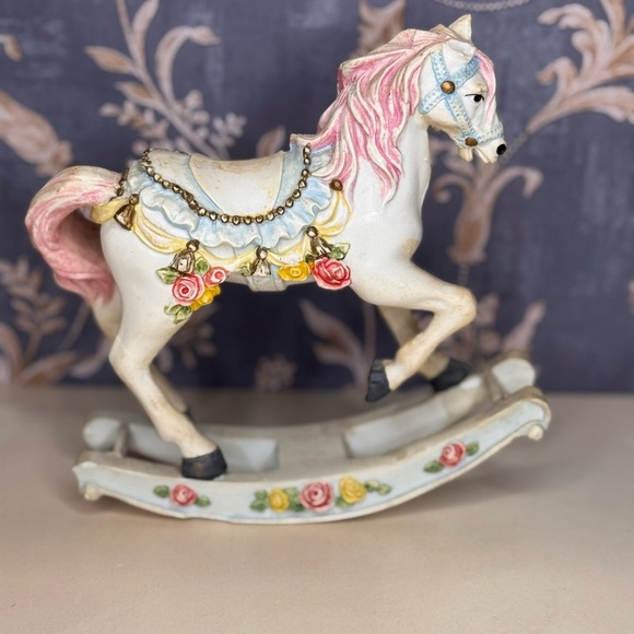 Vintage Estate Resin Rocking Horse Figurine with Floral Accents - Picture 3 of 8